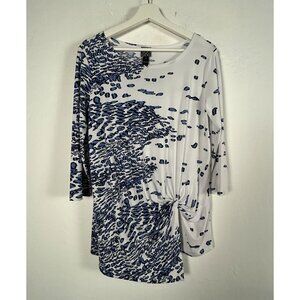 Clara Sunwoo Womens Blue White Abstract Leopard 3/4 Sleeve Twist Tunic Top Small